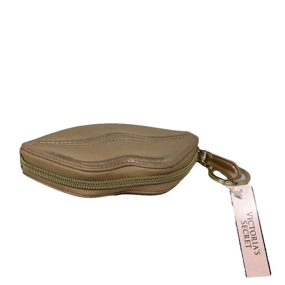 Victoria’s Secret Pucker Lip Shaped Coin Purse Keychain Gold Metallic Zip Pouch - Picture 5 of 7